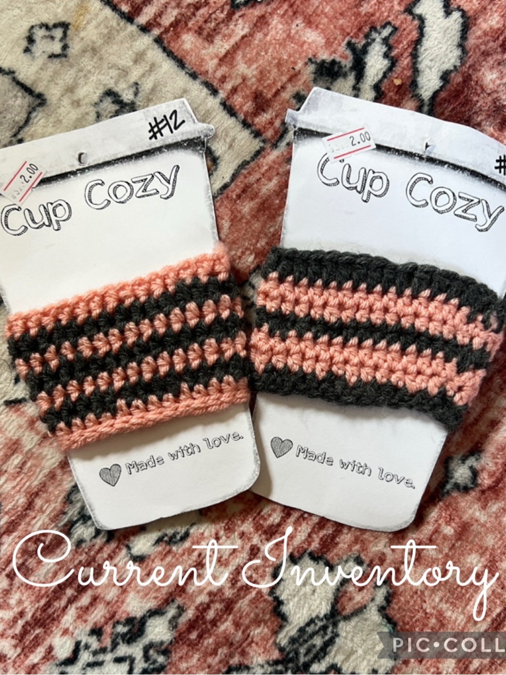 Handmade Peach and Charcoal Striped Cup Cozy by